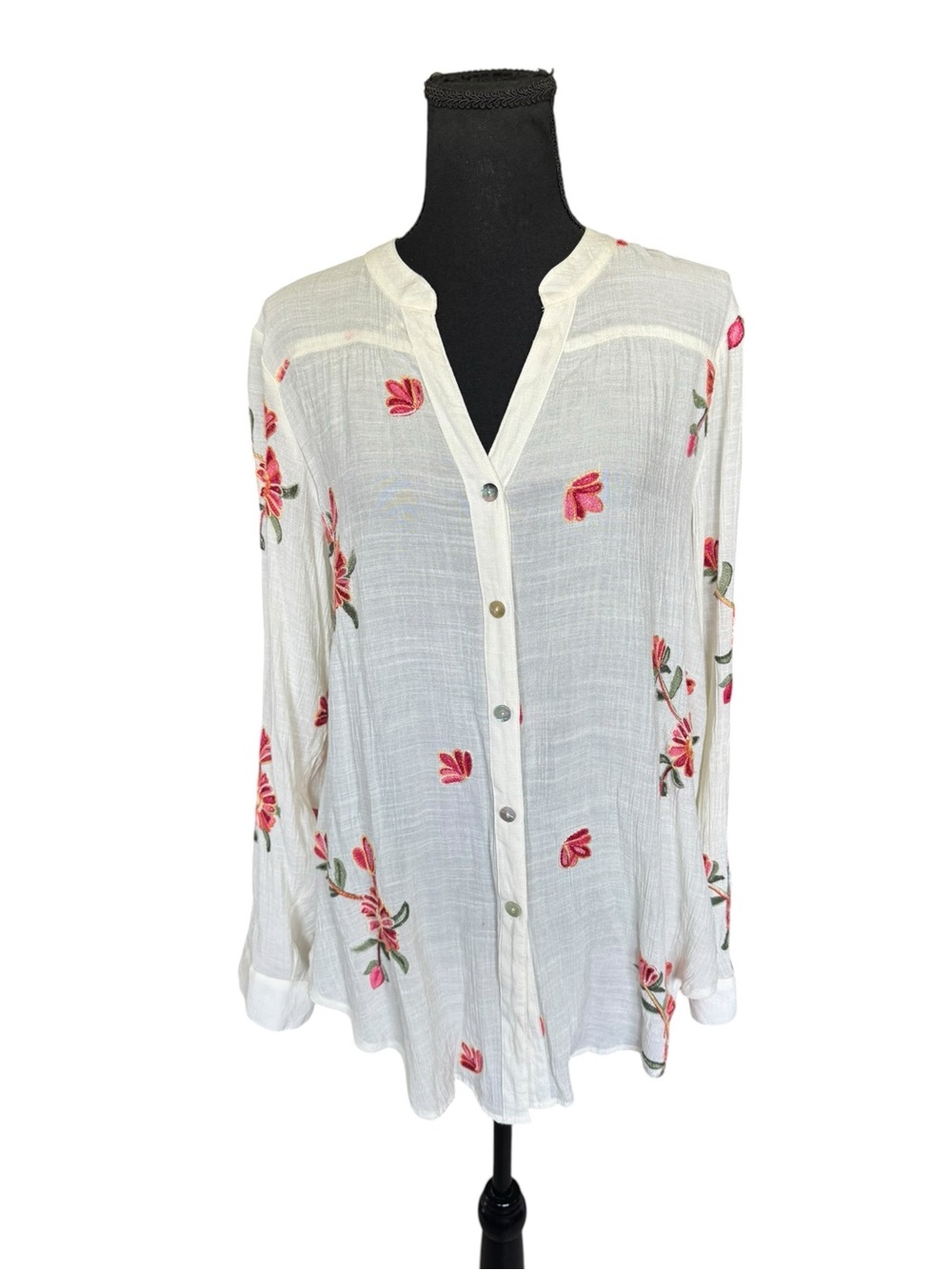 Fig & Flower Embroidered Floral Button Down Tunic Blouse Ivory Size L Boho